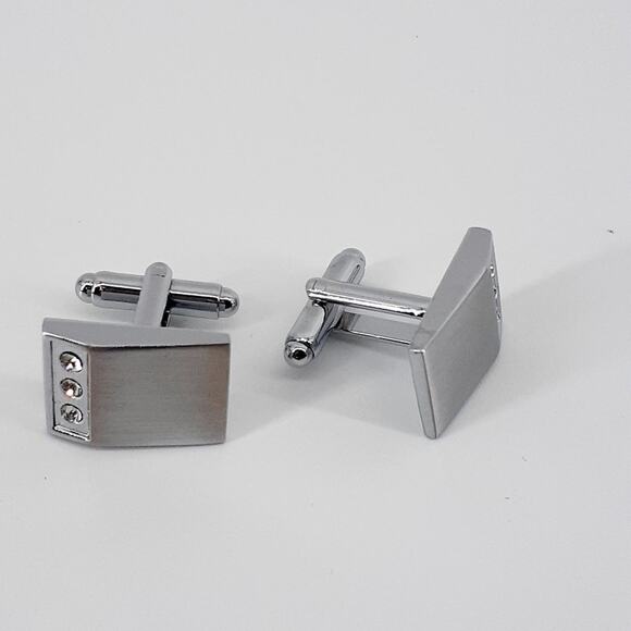 Men's Cuff Links Silver Tone Three Rhinestones Cylinder Back Toggle Fashion - Picture 8 of 13